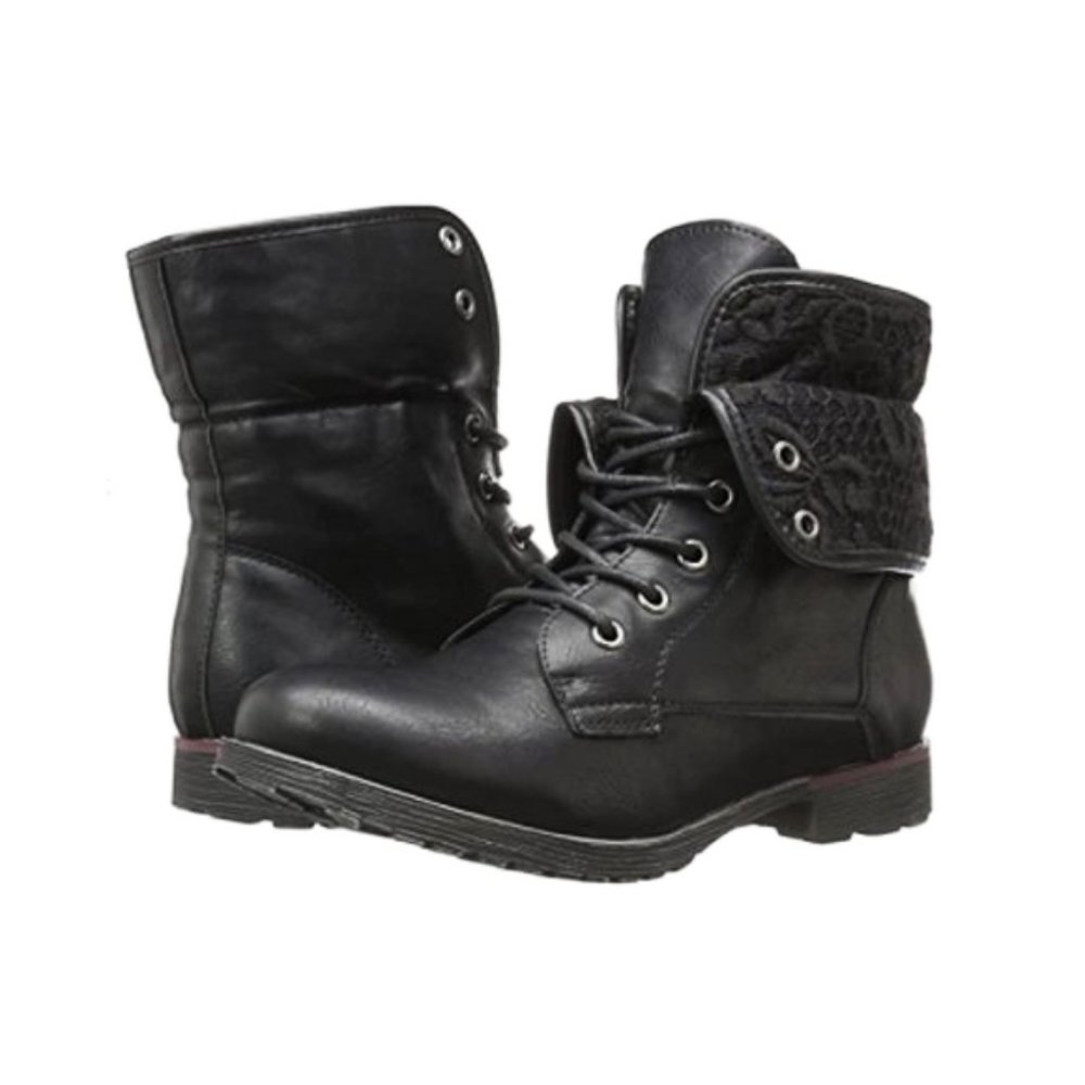 Rock & Candy Spraypaint Foldover Ankle Combat Boots, Black Lace